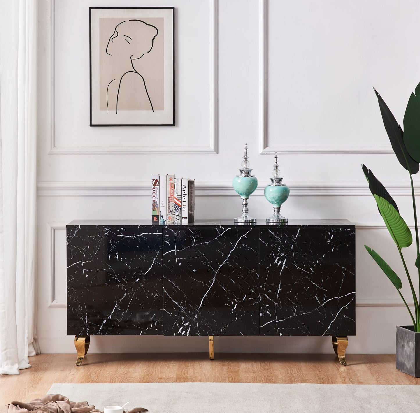 Buffet baroque laqué marbre noir 3 portes 160x40x80 cm – Pieds dorés élégants