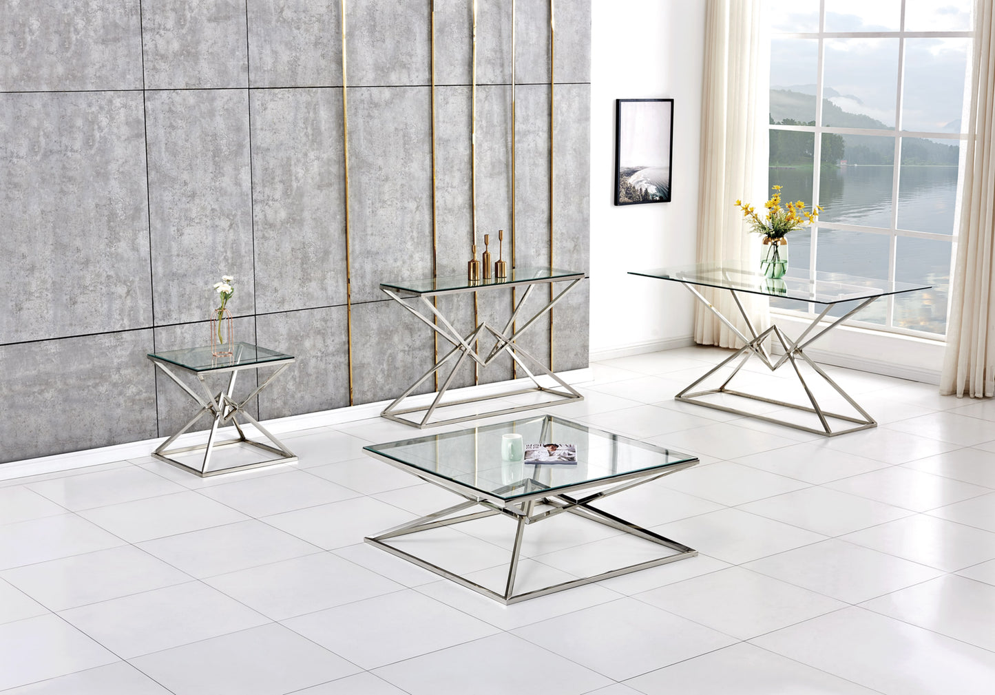Console Pyramide en Chrome avec Plateau Verre Transparent – 120x40x78 cm