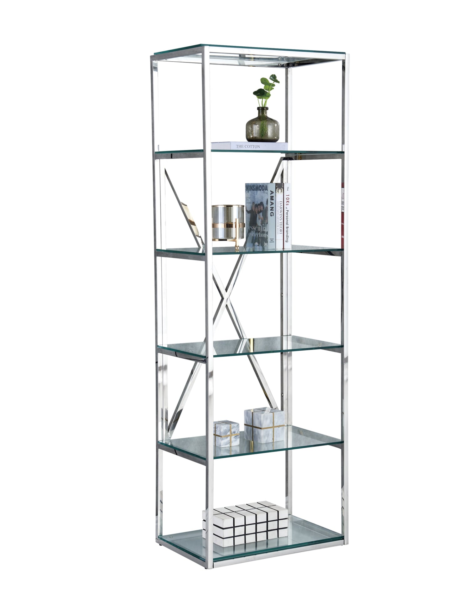 Bibliothèque Arya – Inox & Plateaux Transparants 60x40x180 cm