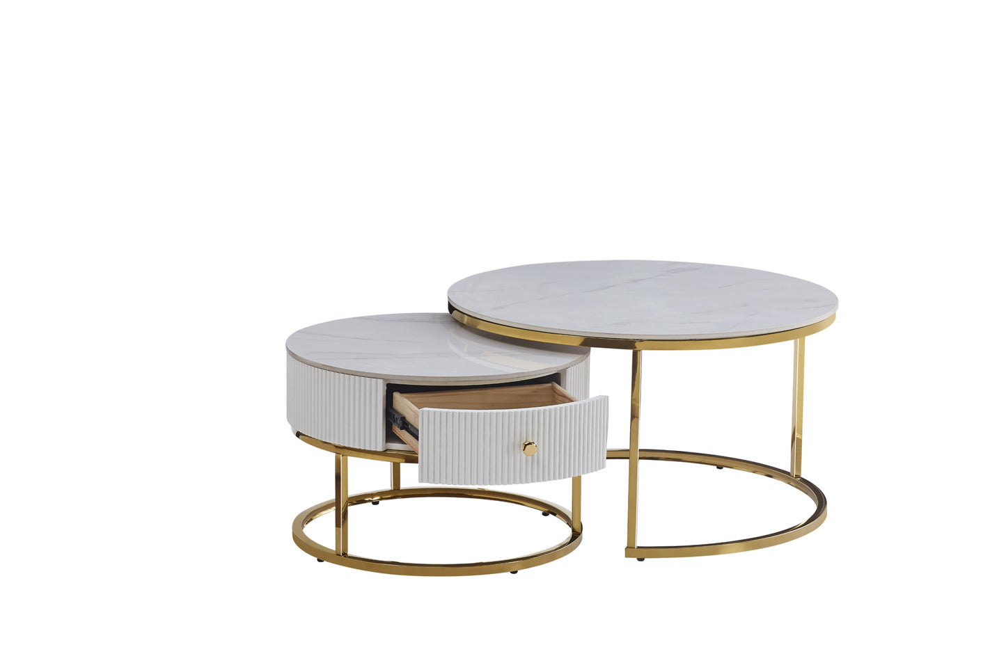 Table Basse Gigogne Samira – Tiroir Gold & Plateau Céramique Effet Marbre Blanc 80+60 cm