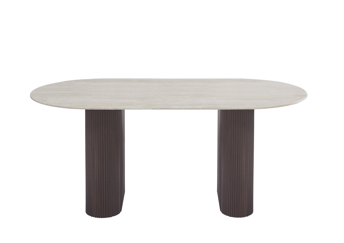 Table à manger Roxy 180x90 cm – Pieds métal, plateau céramique effet travertin mat et finition noyer