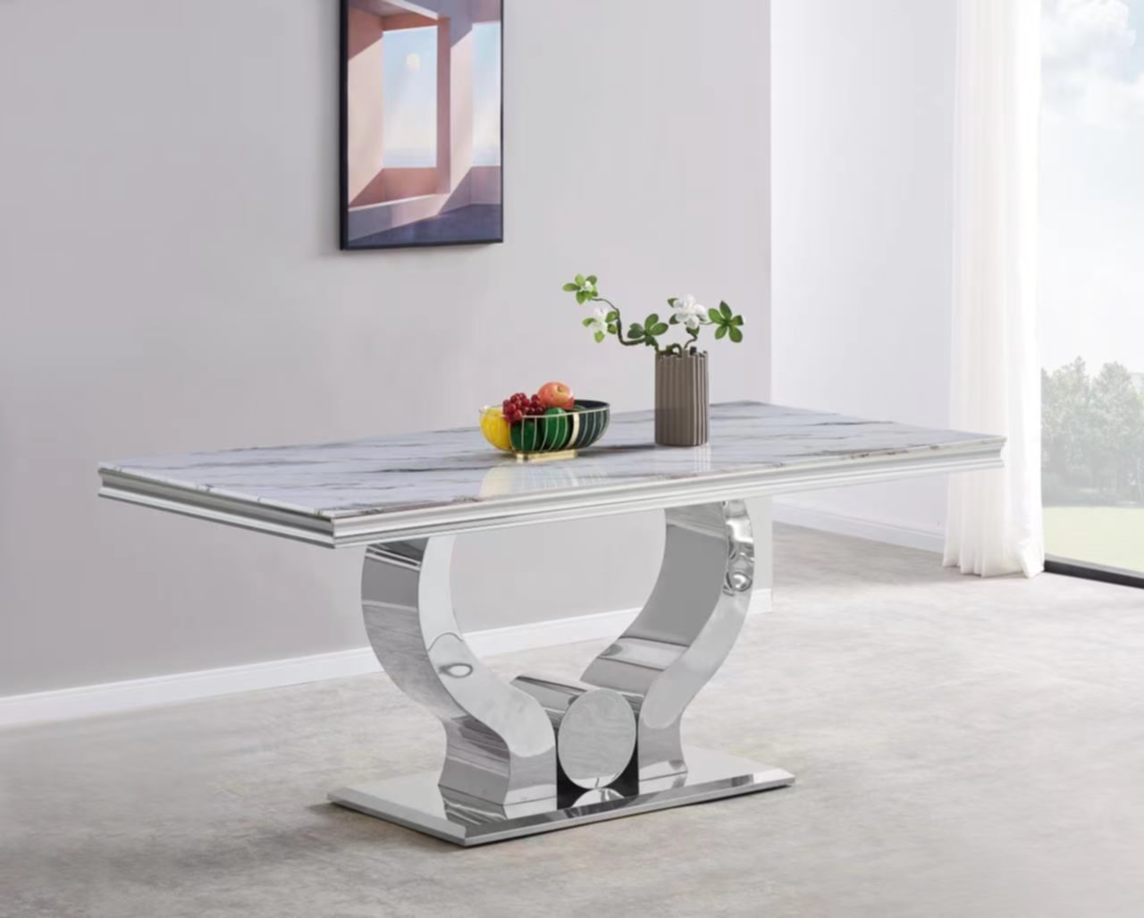 Table repas Trofy – Pieds chrome et plateau effet marbre blanc 180x90x75 cm