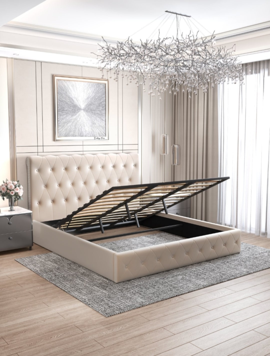 Lit Coffre « Corsica » en Velours Beige – 160x200 cm