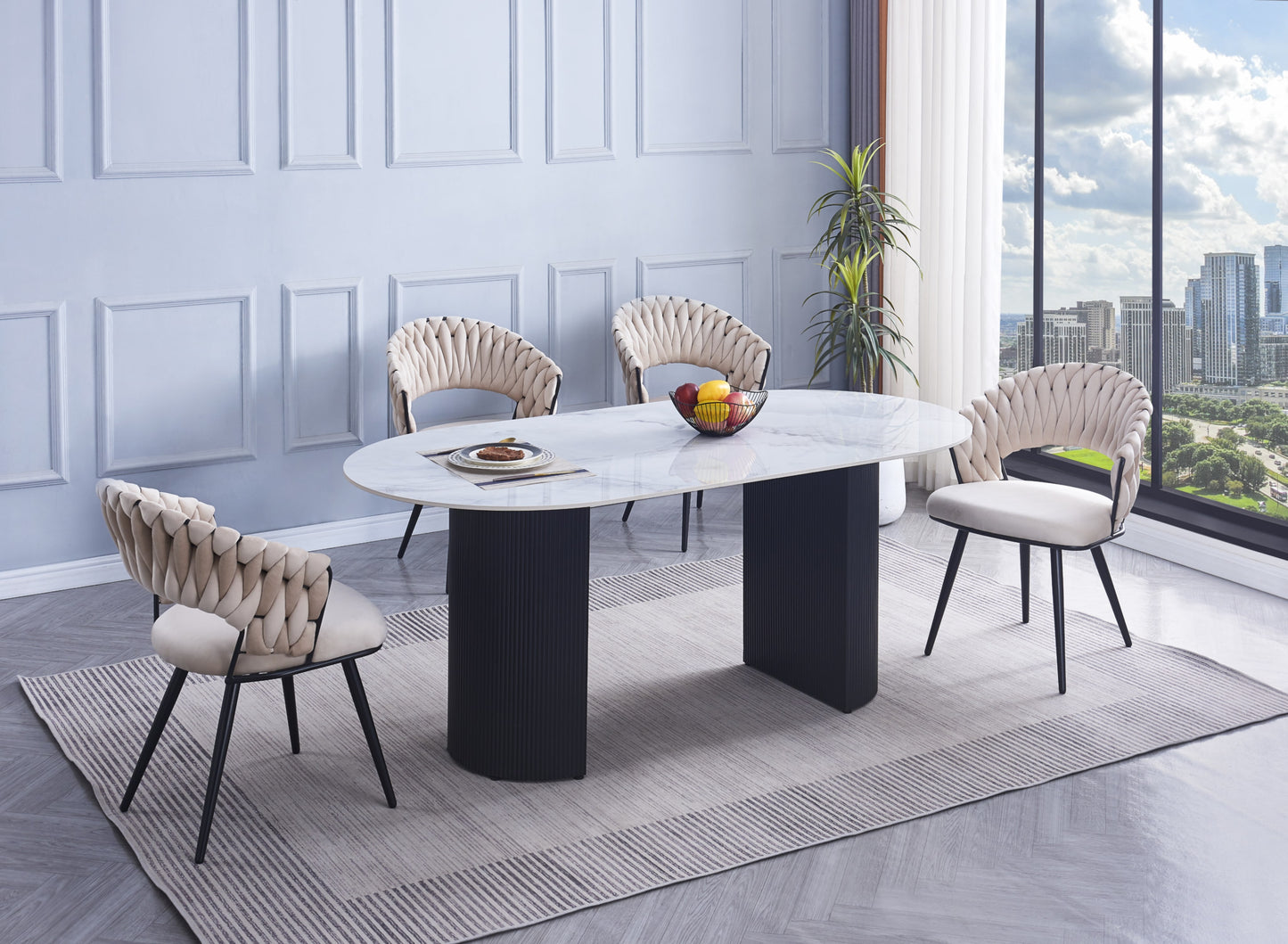 Table à manger Anna – Pieds métal noir et plateau céramique effet marbre blanc 180x90x75 cm