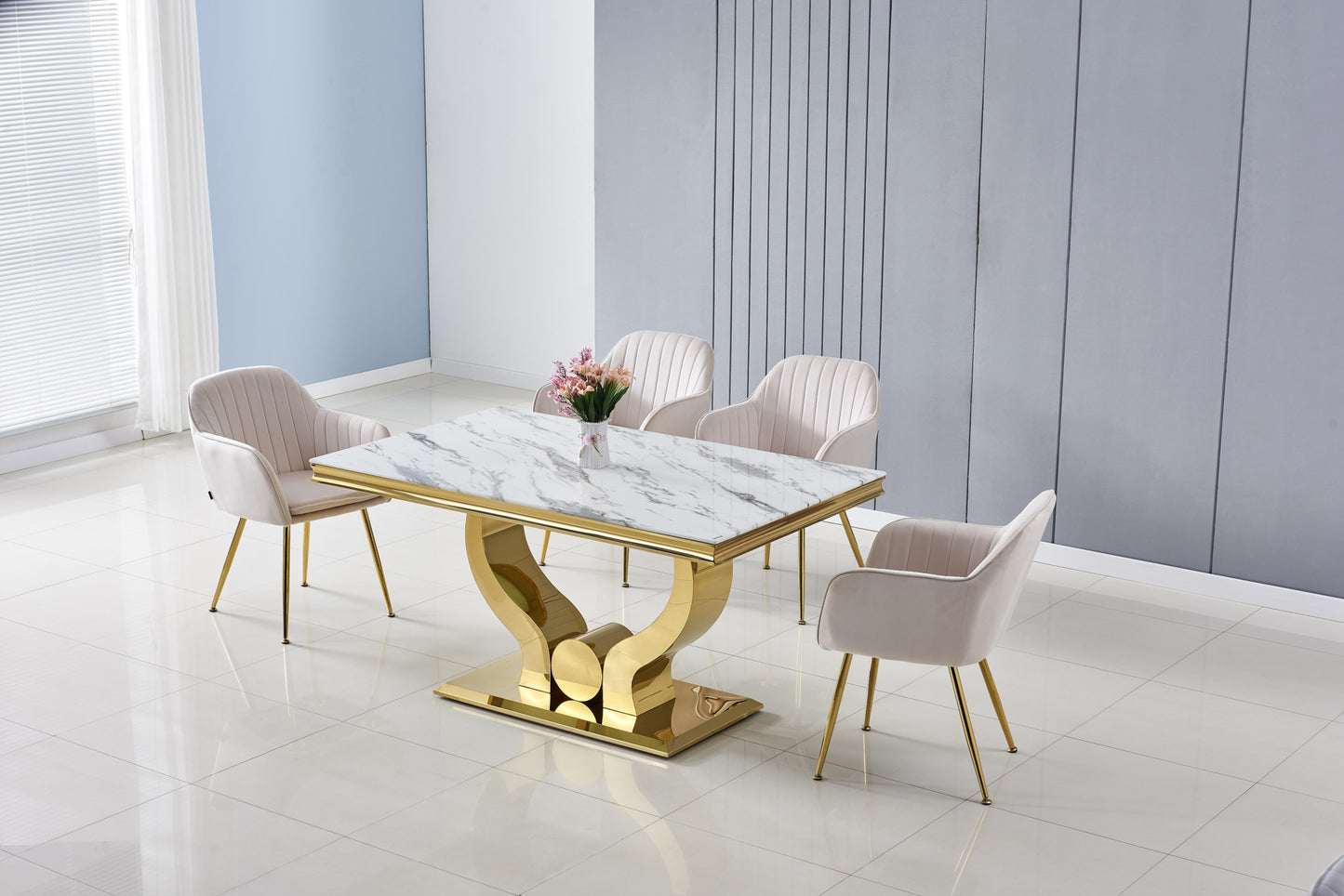 Table à manger Trofy – Pieds gold et plateau effet marbre blanc 150x90x75 cm