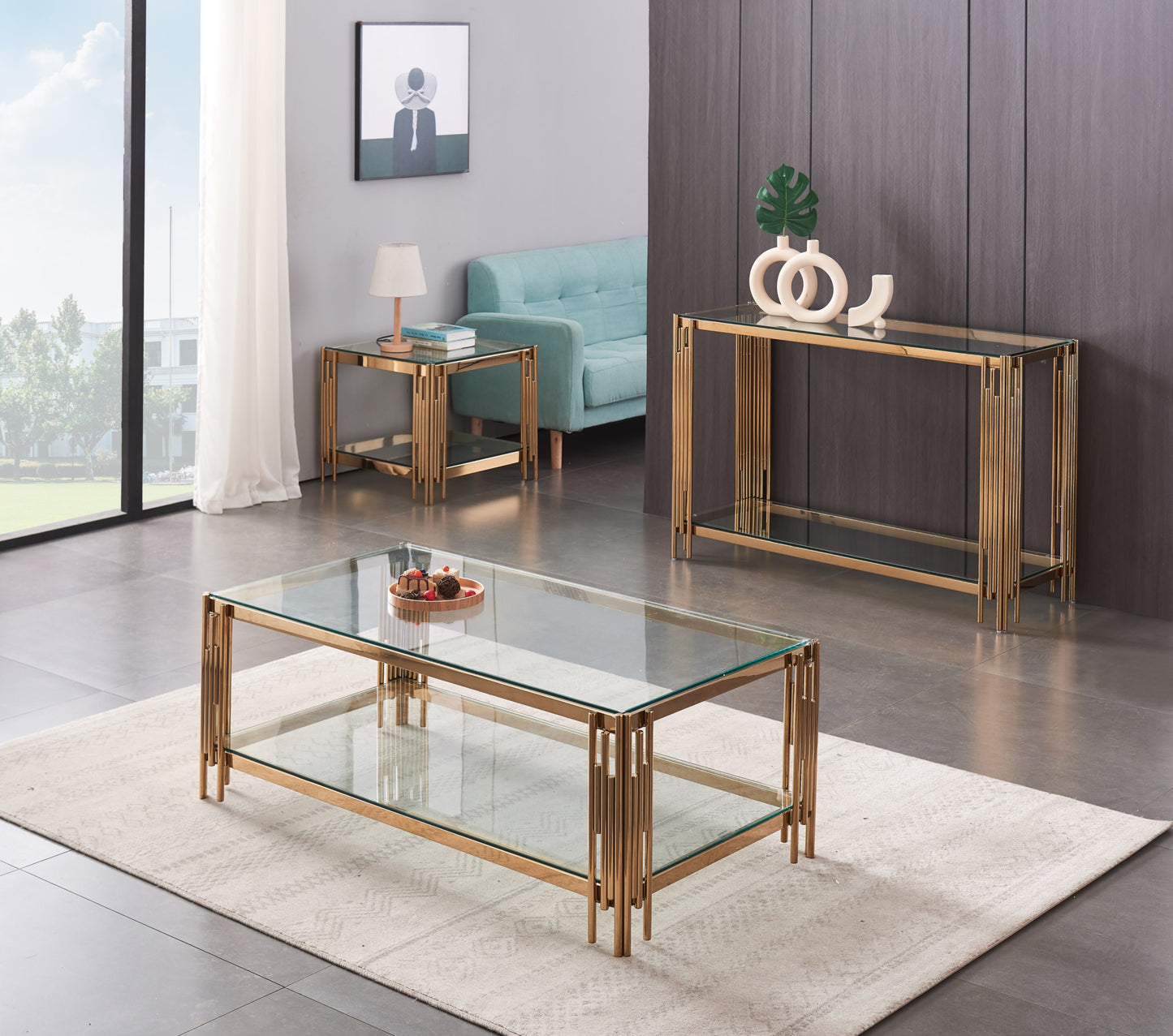 Guéridon Flûte Gold – Double Plateau Transparent 50x50x55 cm