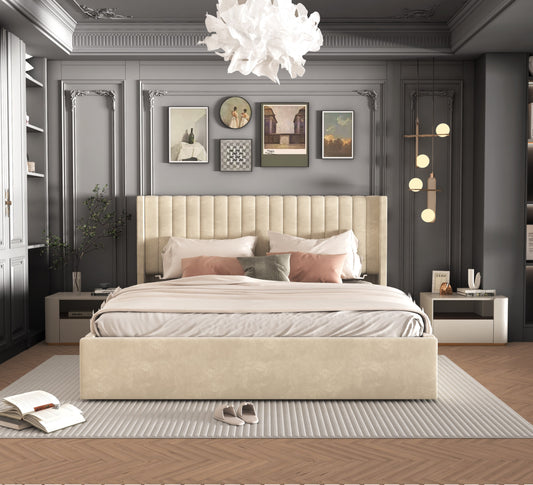 Lit double coffre Camille en velours beige 140x190 cm – Élégance et rangement pratique