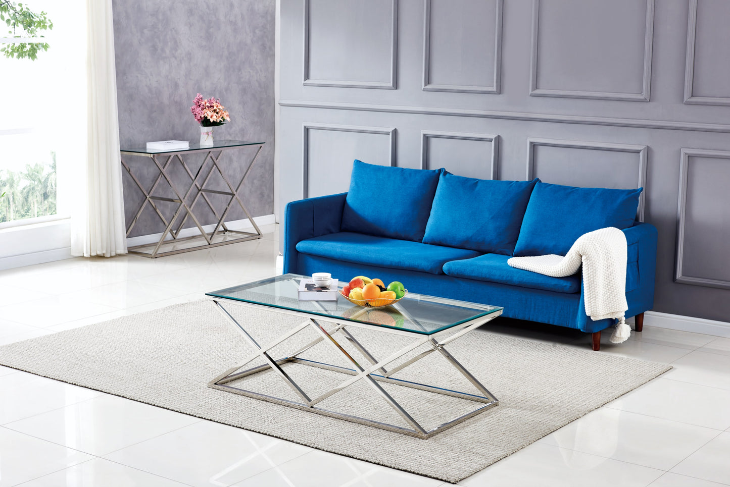 Table Basse Triangle – Pieds Chrome & Plateau Transparent 120x60 cm