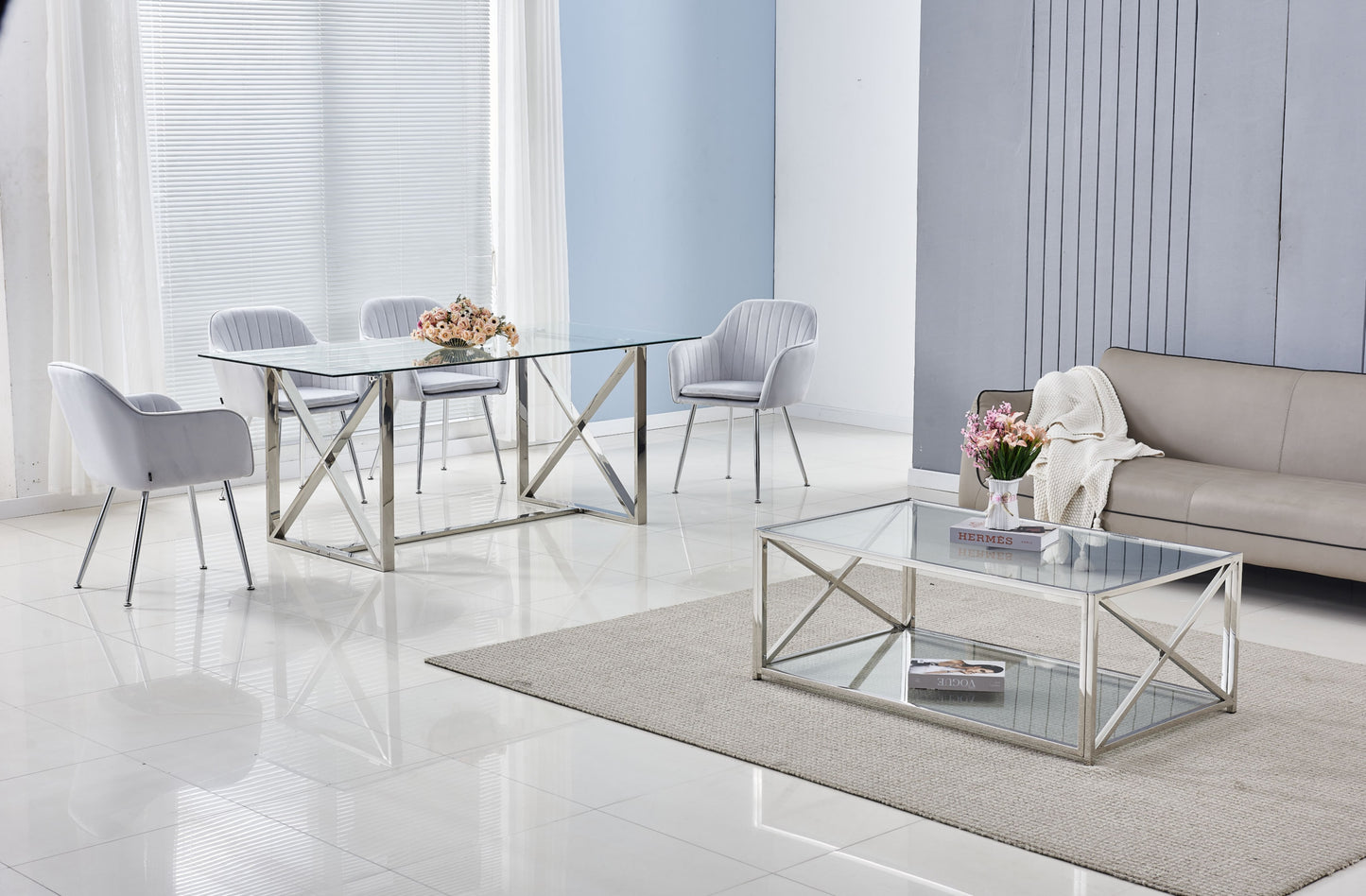 Table repas Kensy – Pieds chrome et plateau transparent 180x90x75 cm