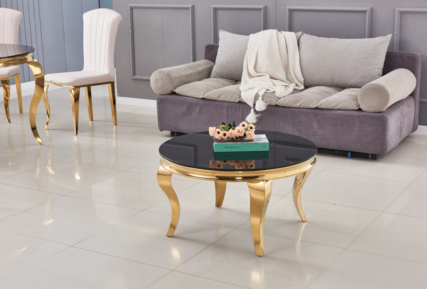 Table Basse Baroque Ronde – Gold & Noir 80x45 cm