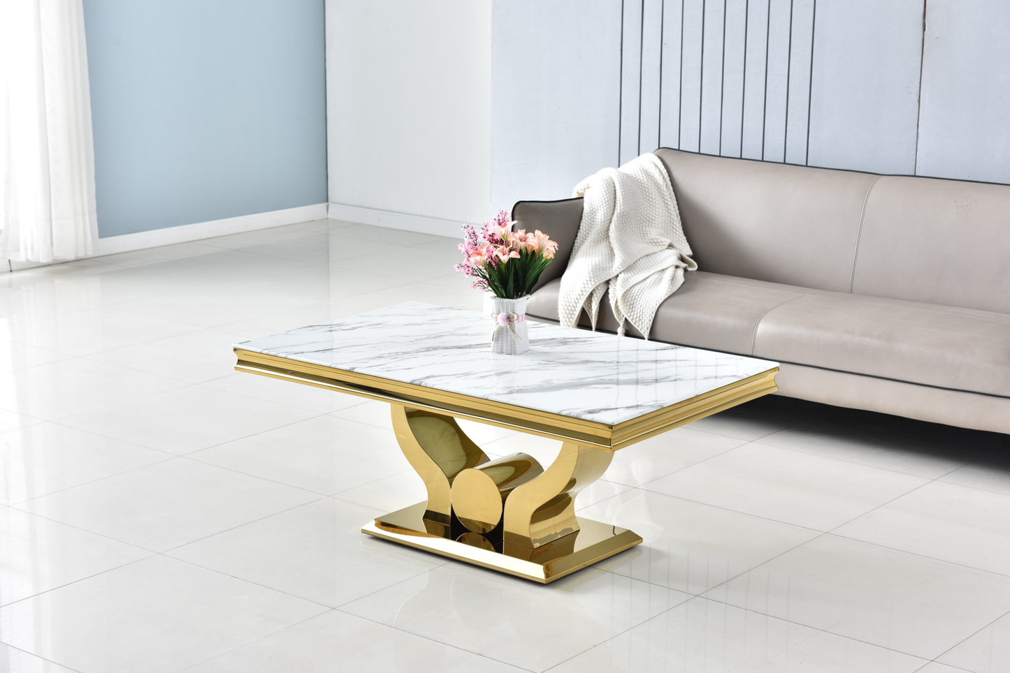 Table Basse Trofy – Gold & Marbre Blanc 120x70x49 cm