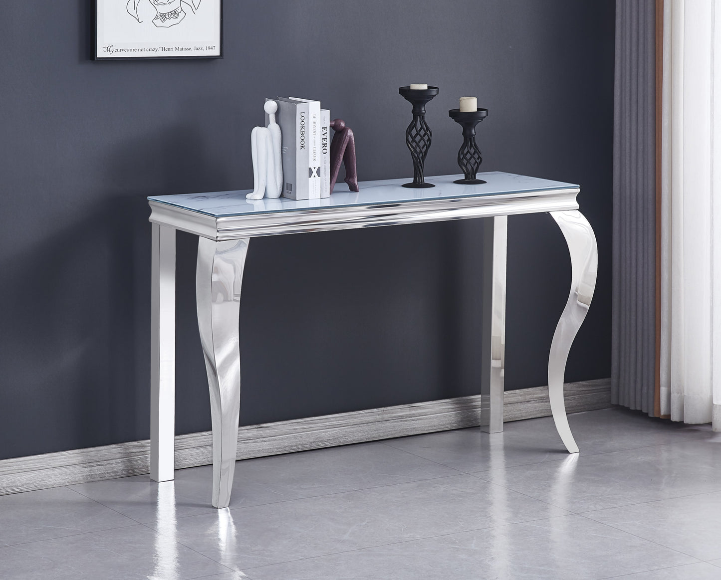 Console Baroque en Chrome avec Plateau Verre et Marbre – 120x40x78 cm