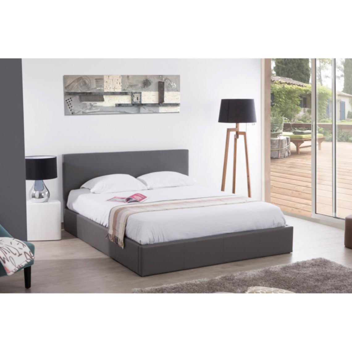 Lit Coffre « Bastien » en Similicuir Gris – 160x200 cm