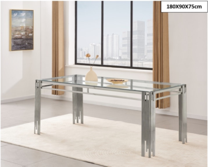 Table à manger Flute – Pieds chrome et plateau transparent 180x90x75 cm