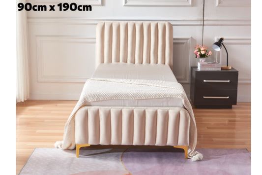 Lit Faye Capitonné en Velours Beige – 90x190 cm – Confort et Élégance