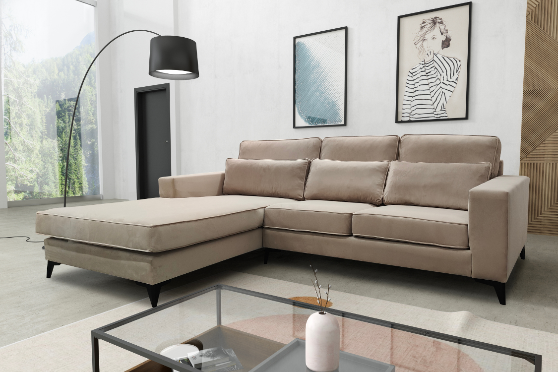 Canapé d’Angle Gauche – Élégant velours beige 265 x 200 cm