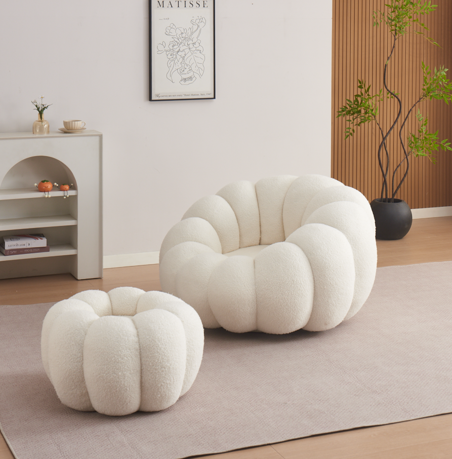 Fauteuil Pivotant Perle en tissu doudou beige + pouf repose-pied