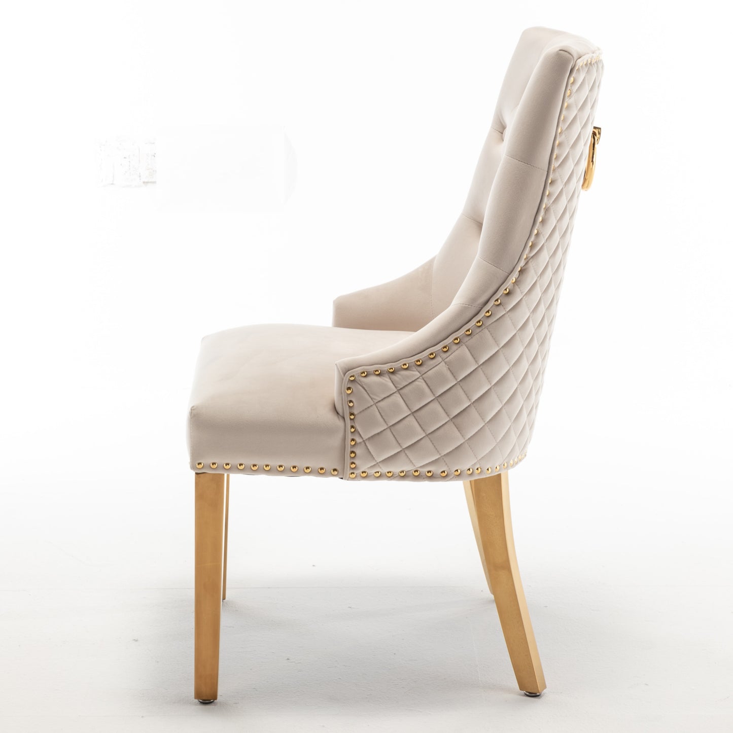 Chaise Anneau Cloutée Matelassée en Velours Beige avec Pieds Dorés – Luxe et Élégance