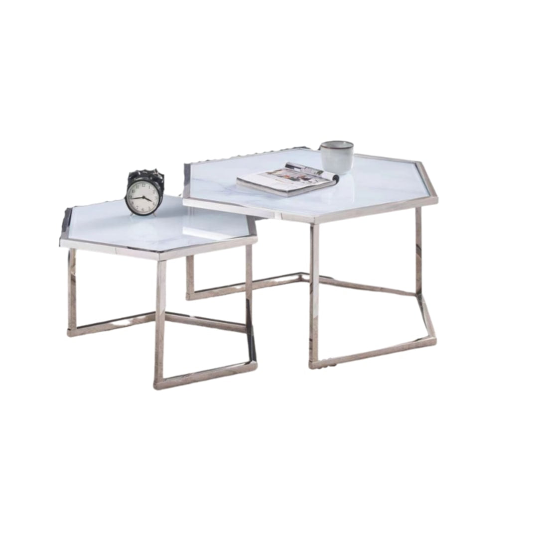Table Basse Gigogne Hexagona – Chrome & Plateau Blanc Ultra 79x40,5 + 59x3