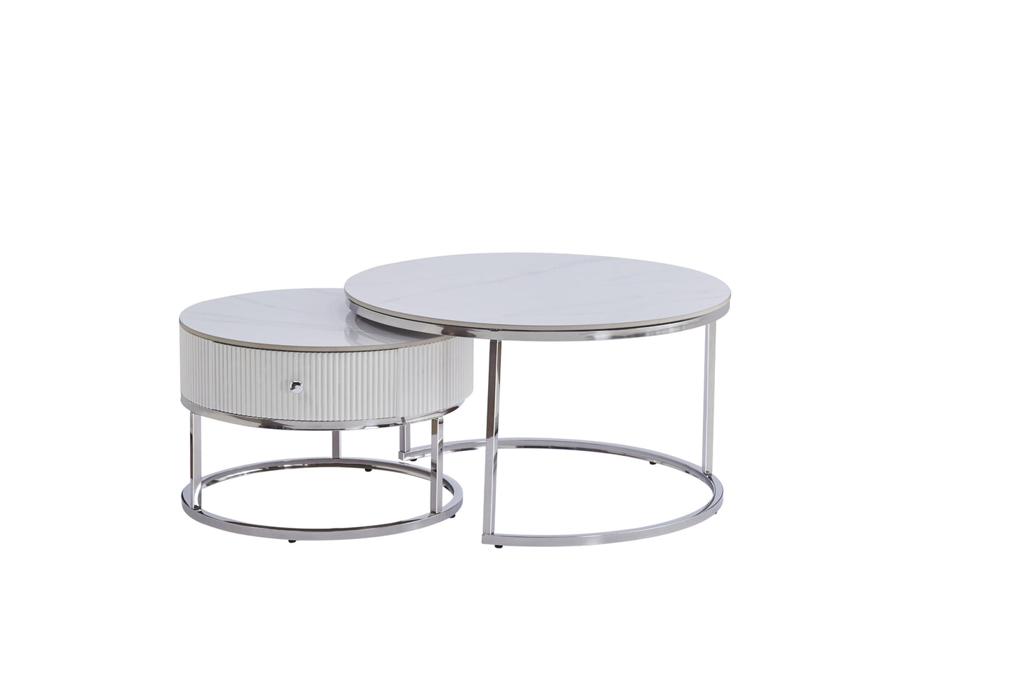 Table Basse Gigogne Samira – Tiroir Chrome & Plateau Céramique Effet Marbre Blanc 80+60 cm