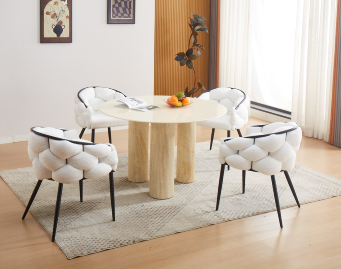 Table de repas Anaïs – Pieds métal effet travertin et plateau céramique beige 120 cm