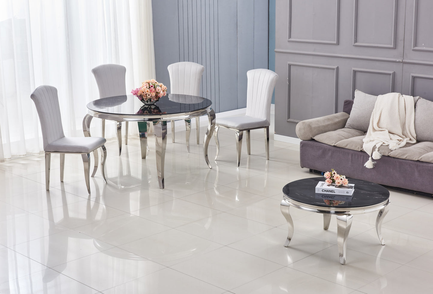 Table Basse Baroque Ronde – Chrome & Marbre Noir 80x45 cm