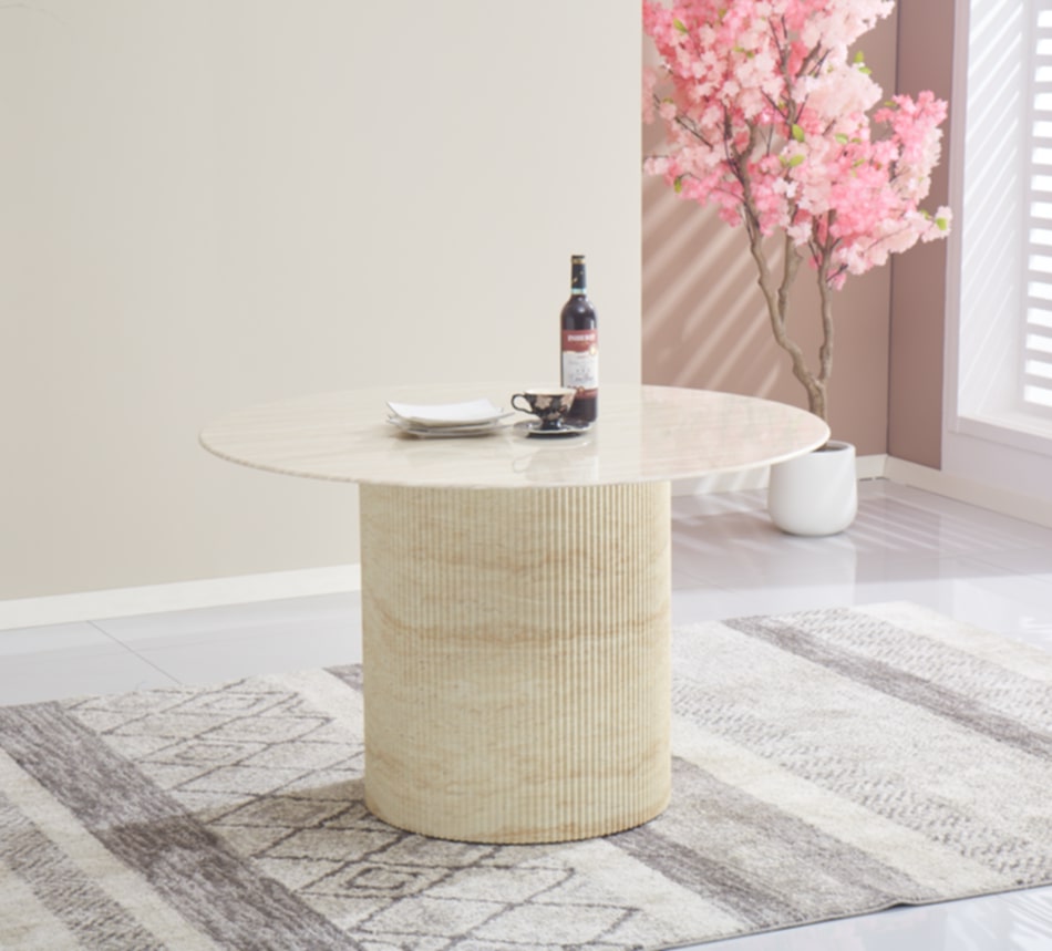 Table à manger ronde Baietaa 120 cm – Plateau céramique travertin brillant, pied effet travertin