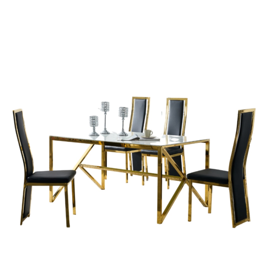 Table à manger Majestique – Pieds gold et plateau en verre effet marbre blanc 150x90x75 cm
