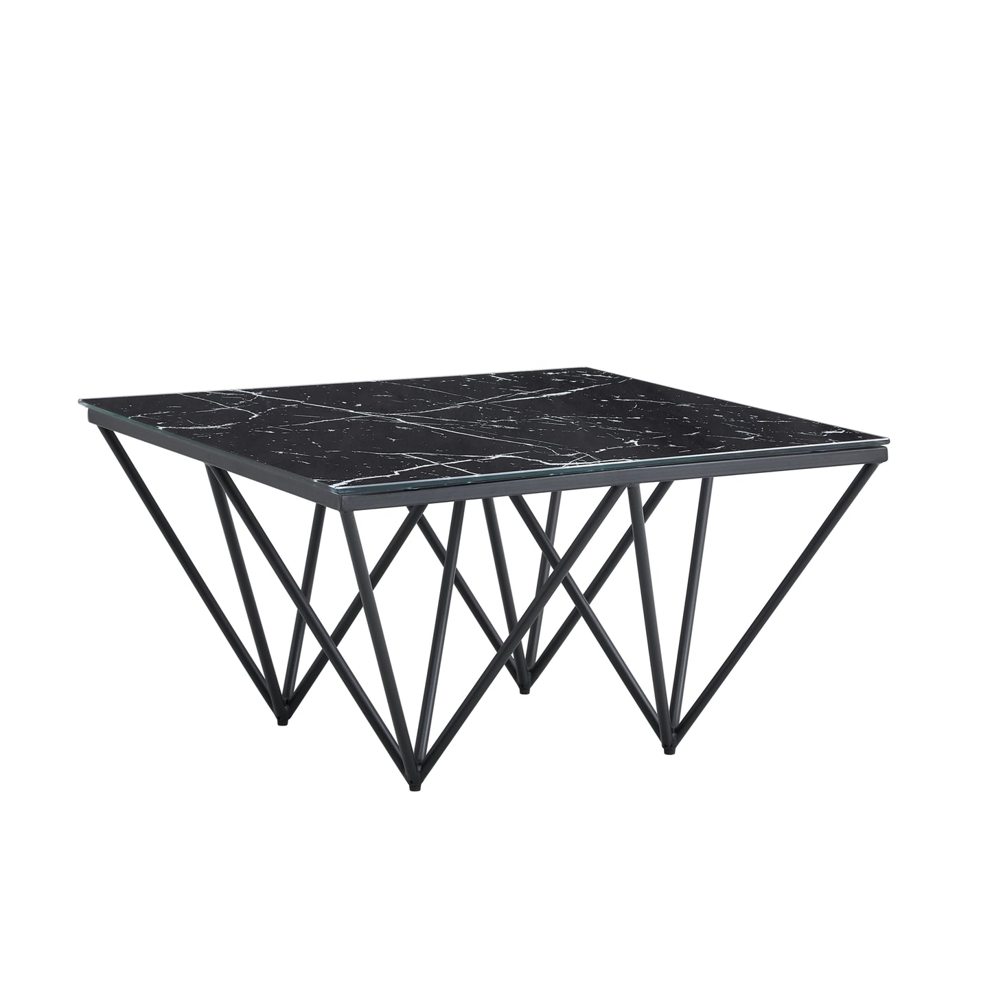 Table Basse Gizeh – Pieds Métal Noir & Plateau Verre Marbre Noir 80x80x45 cm