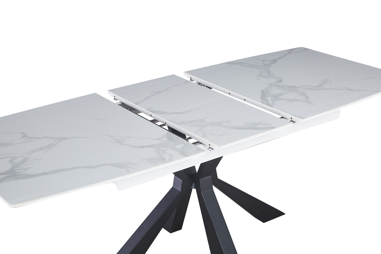Table extensible Bianca – Pieds métal noir et plateau céramique effet marbre blanc 160/200x90x75 cm