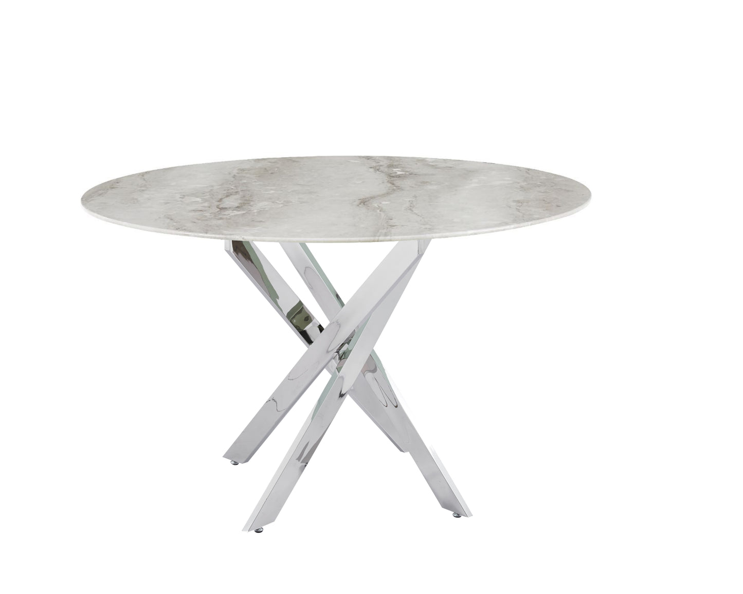 Table repas Jessica – Pieds chrome et plateau effet marbre grège 120x75 cm