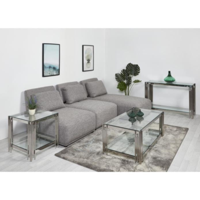 Console Flute en Chrome avec Plateau Verre Transparent – 120x40x78 cm