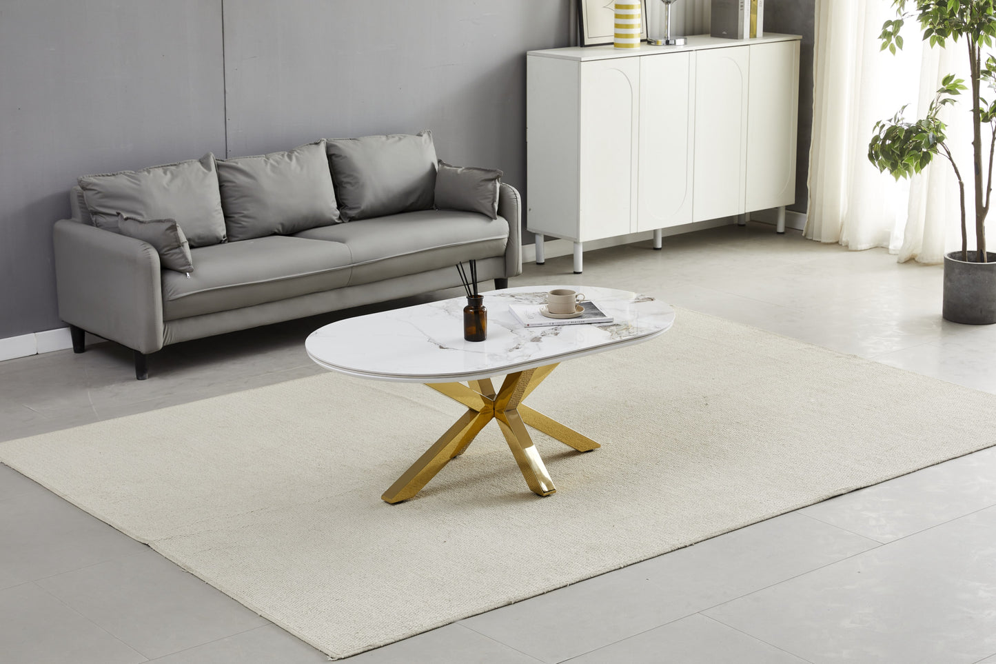 Table Basse Ophela – Plateau Céramique Marbre Beige Doré