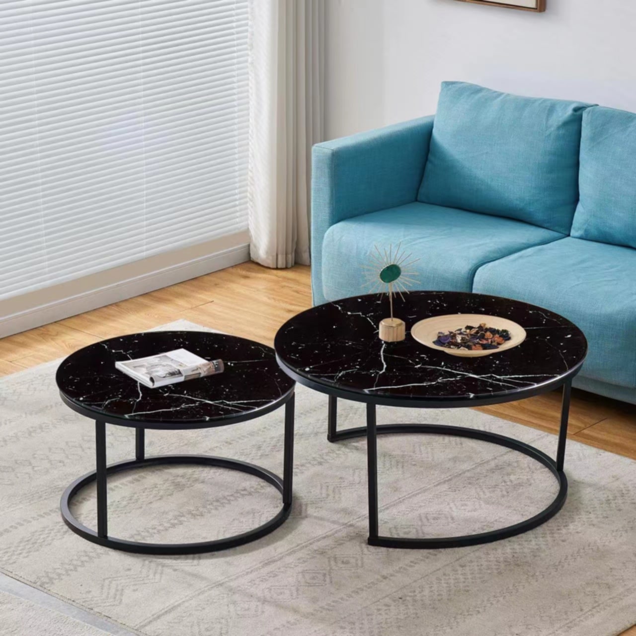 Table Basse Gigogne – Métal Noir & Plateau Verre Marbre Noir