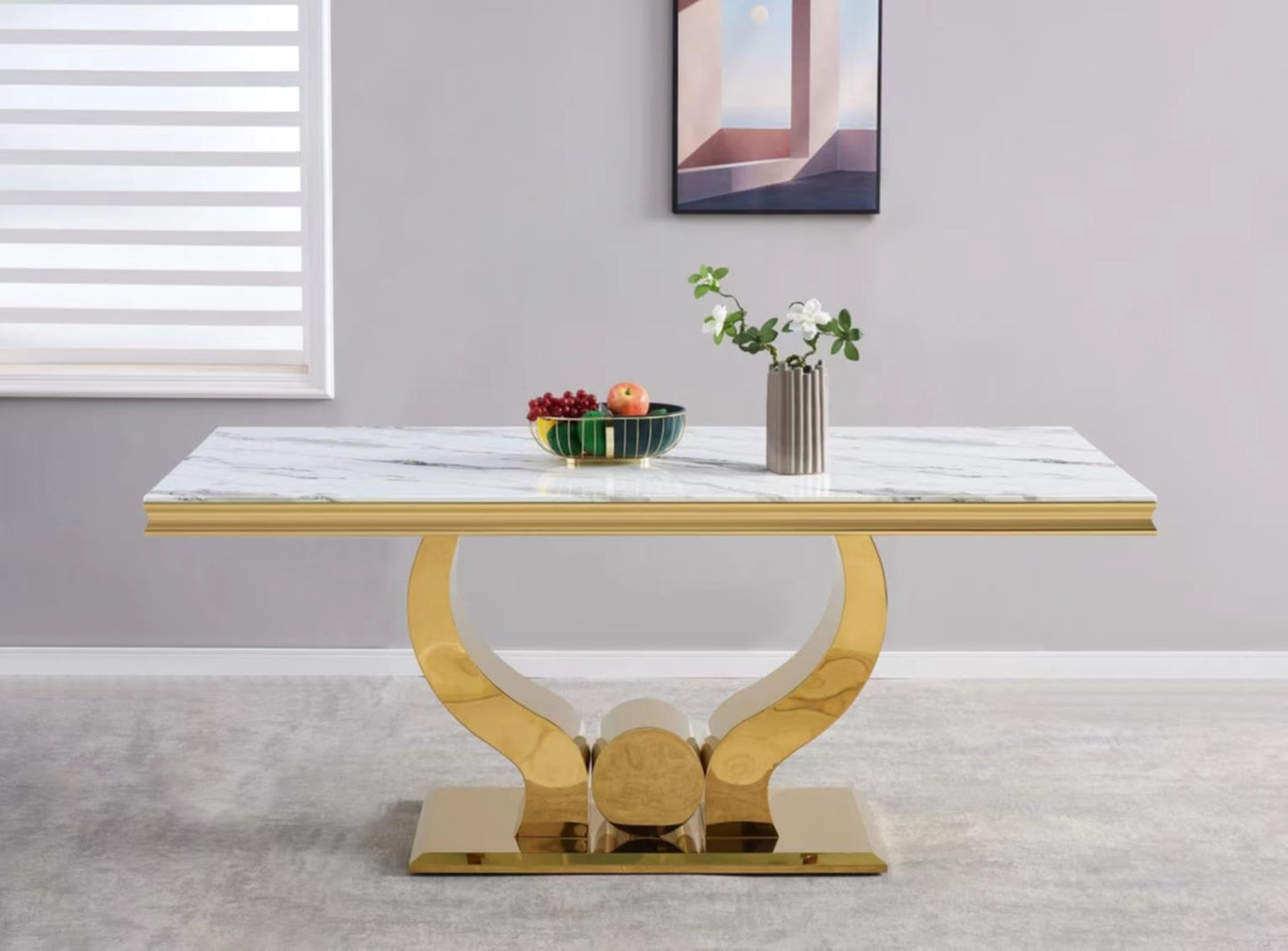 Table à manger Trofy – Pieds gold et plateau effet marbre blanc 150x90x75 cm