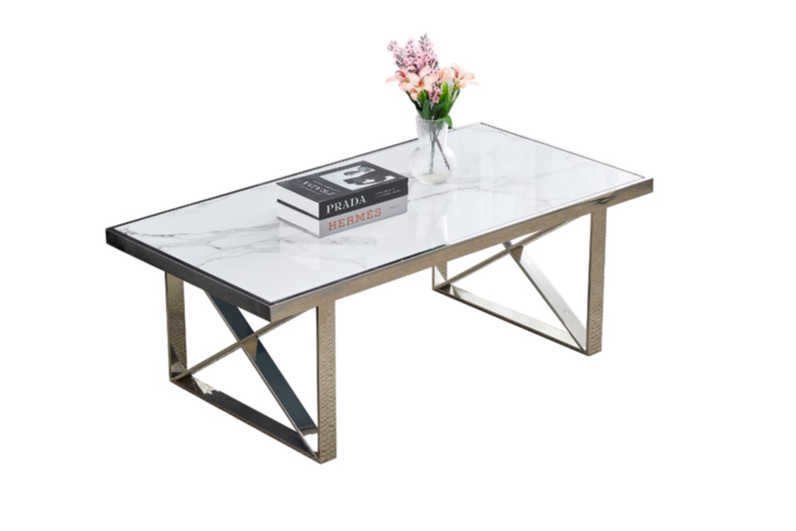 Table Basse Levanto – Métal Chrome & Plateau Marbre Blanc 120x60x45 cm
