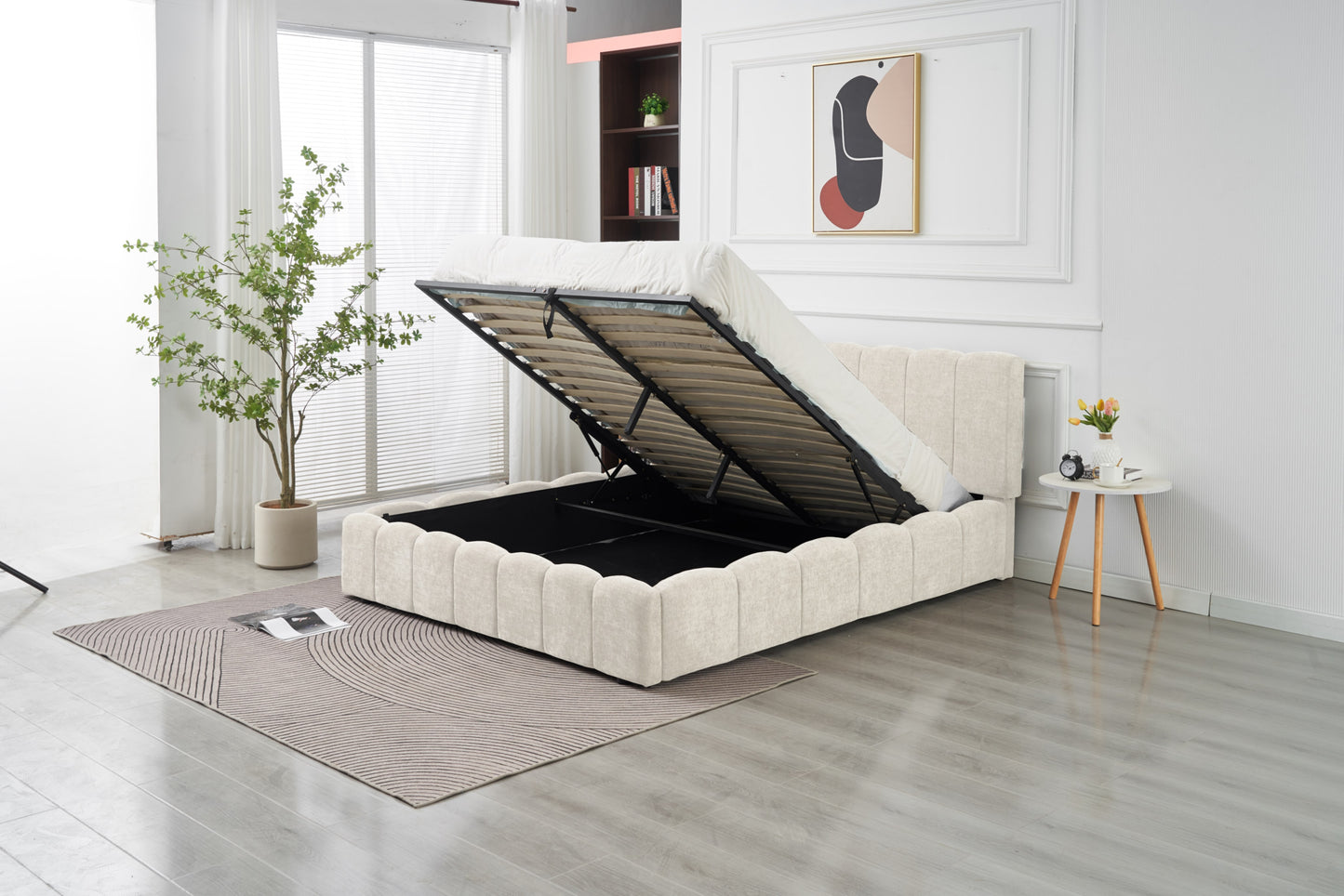 Lit Double Coffre Moon – Tissu Chenille Beige 160x200 cm