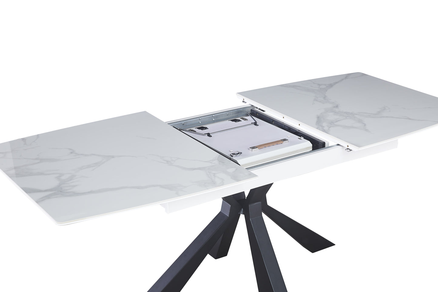 Table extensible Bianca – Pieds métal noir et plateau céramique effet marbre blanc 160/200x90x75 cm