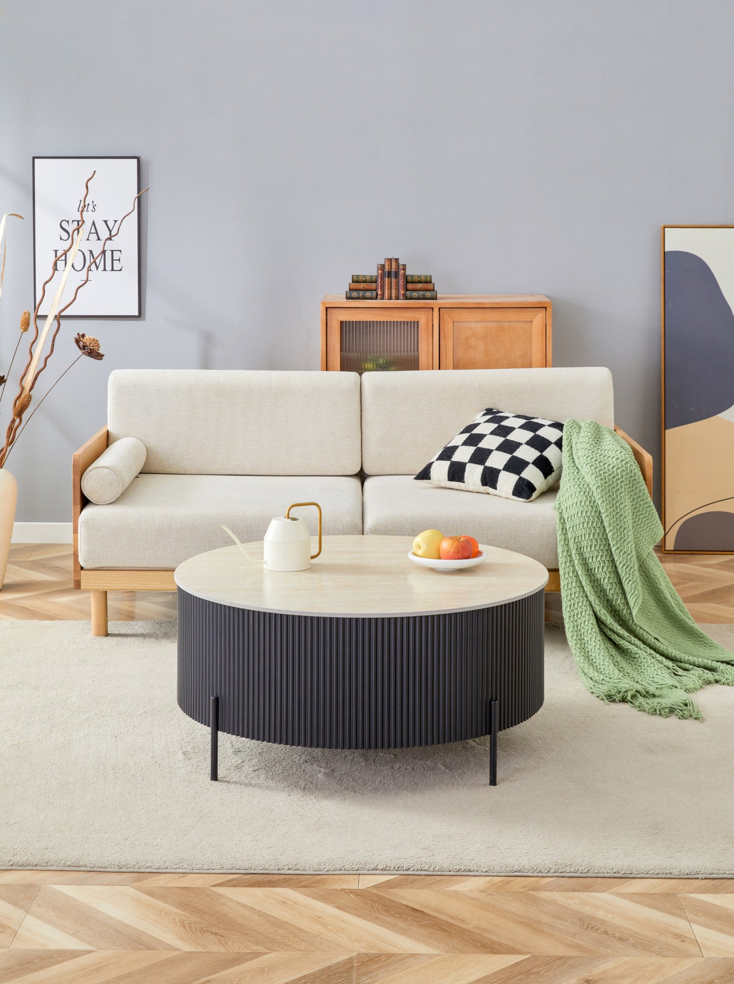 Table Basse – Pied Noir & Plateau Céramique Effet Travertin Mat