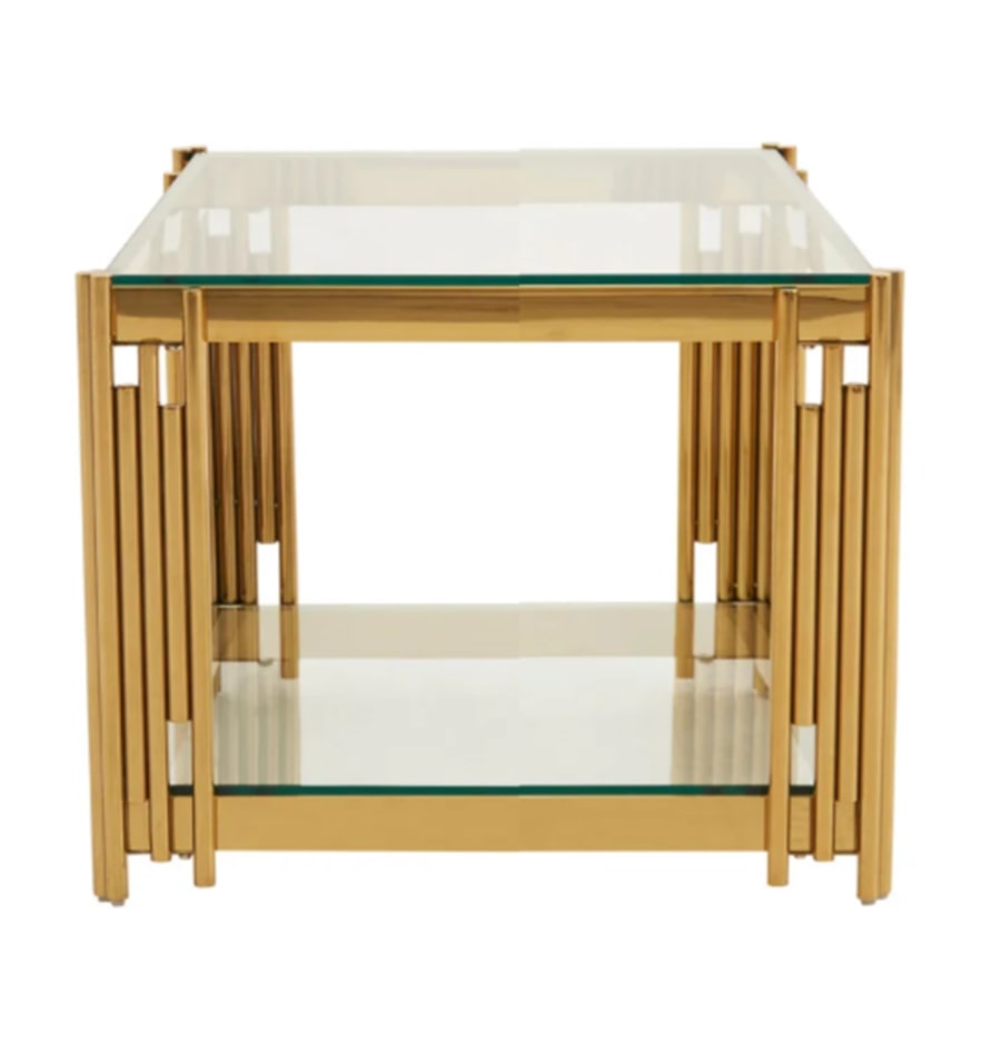 Guéridon Flûte Gold – Double Plateau Transparent 50x50x55 cm
