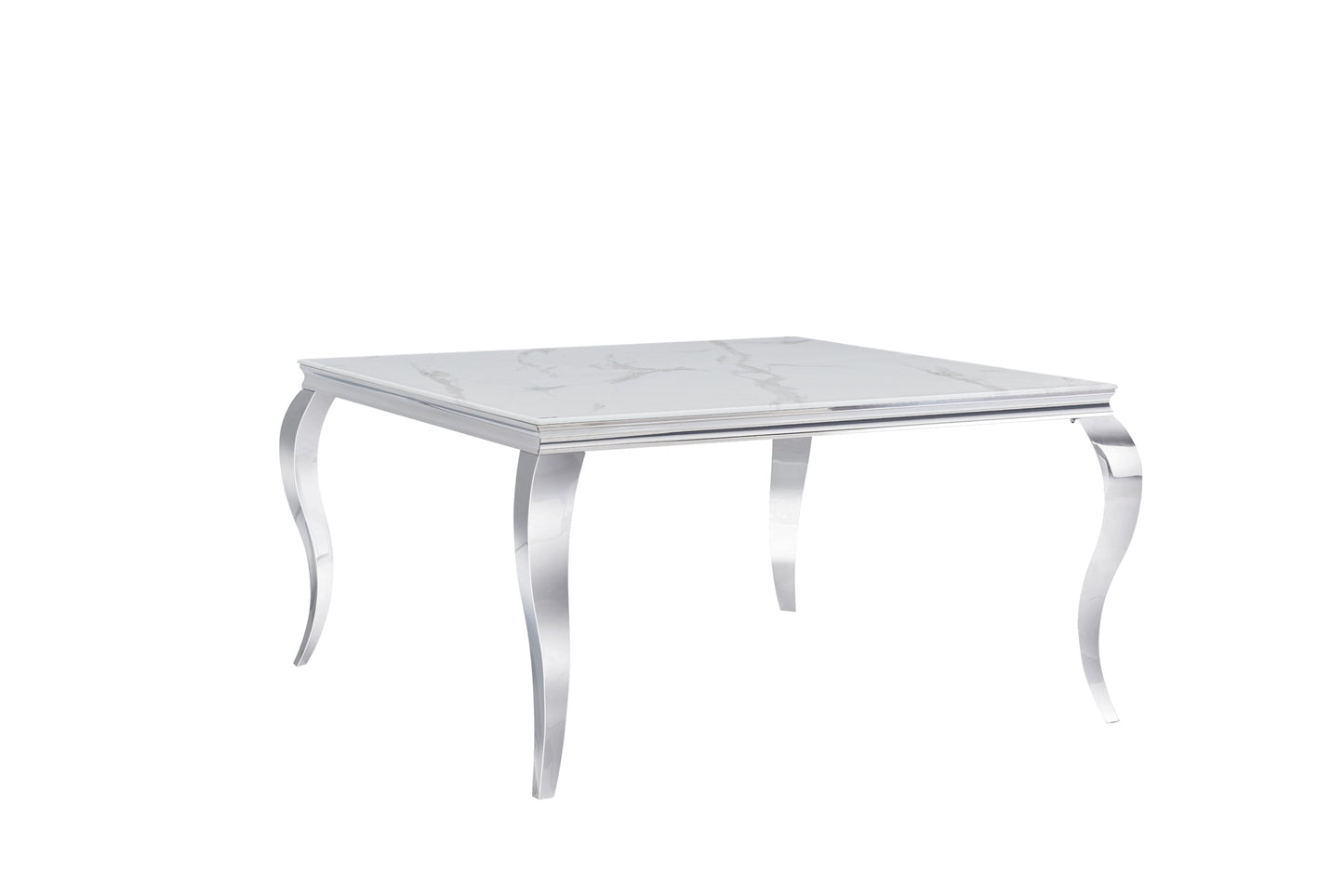 Table de Repas Baroque Carrée – Finition Chrome & Plateau en Marbre Blanc 140x140x75 cm