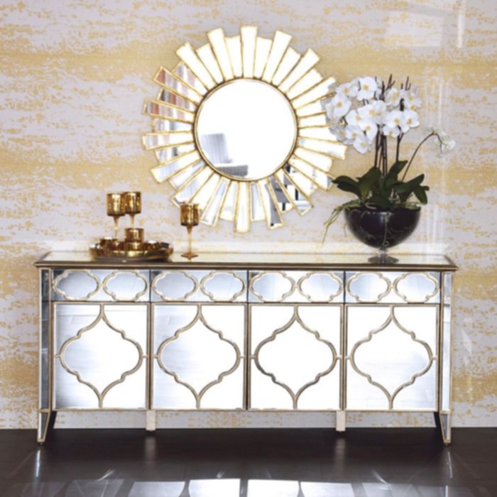 Buffet miroir vénitien 4 portes 200x40x87 cm – Élégance et rangement spacieux
