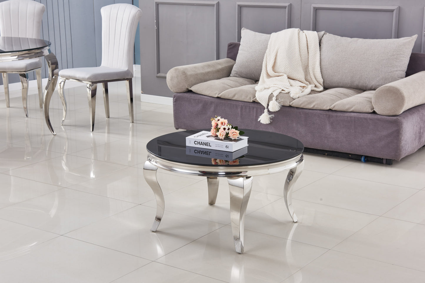 Table Basse Baroque Ronde – Chrome Noir 80x45 cm