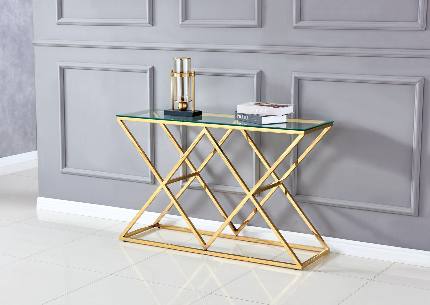 Console Triangle en Métal Doré avec Plateau Verre Transparent – 120x40 cm