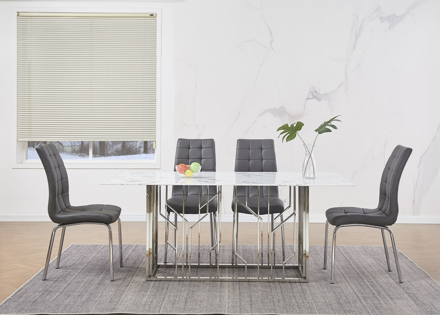 Table repas Portofino – Pieds chrome et plateau effet marbre blanc 180x90x75 cm