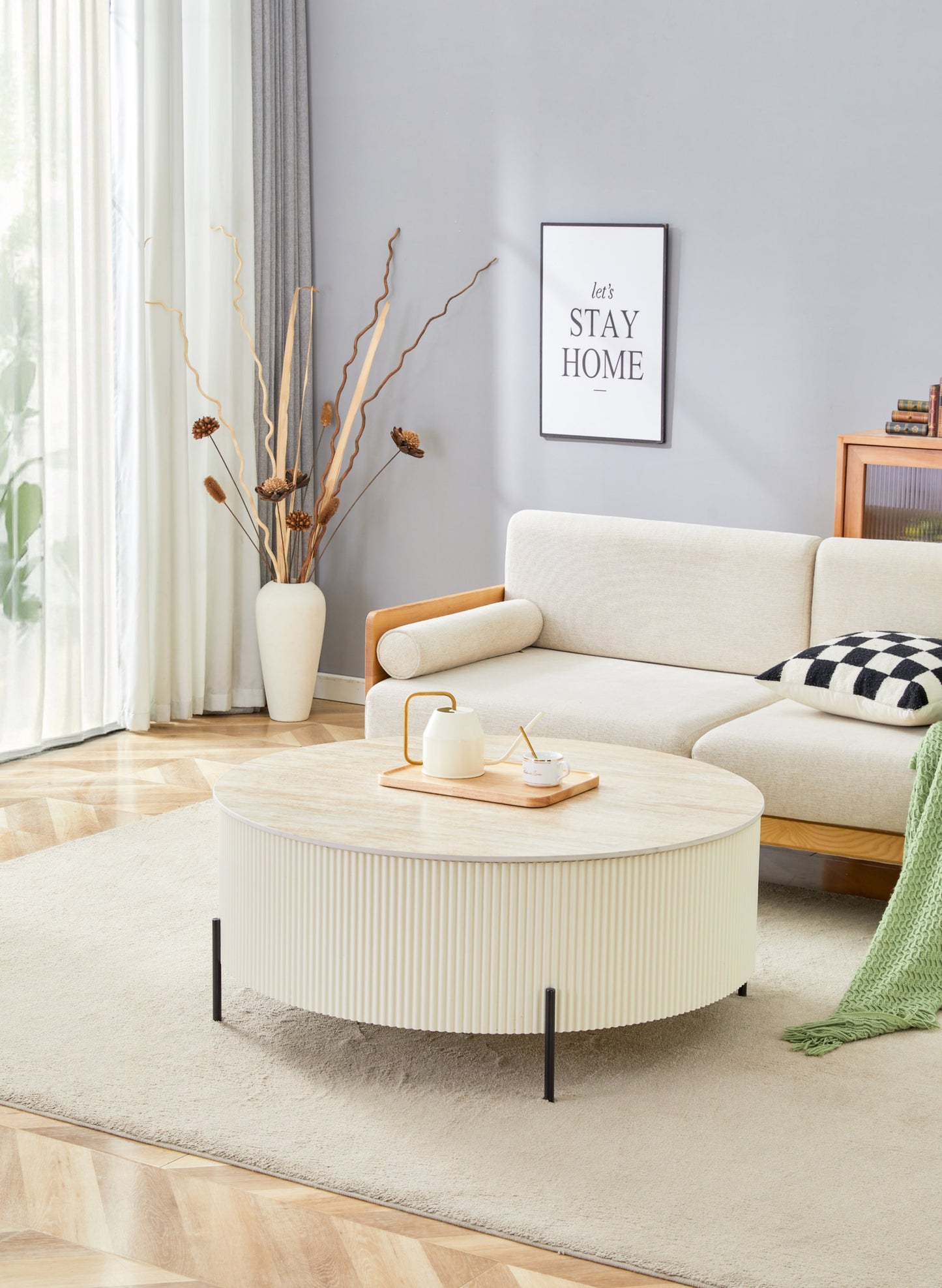 Table Basse – Pied Beige & Plateau Céramique Effet Travertin Mat