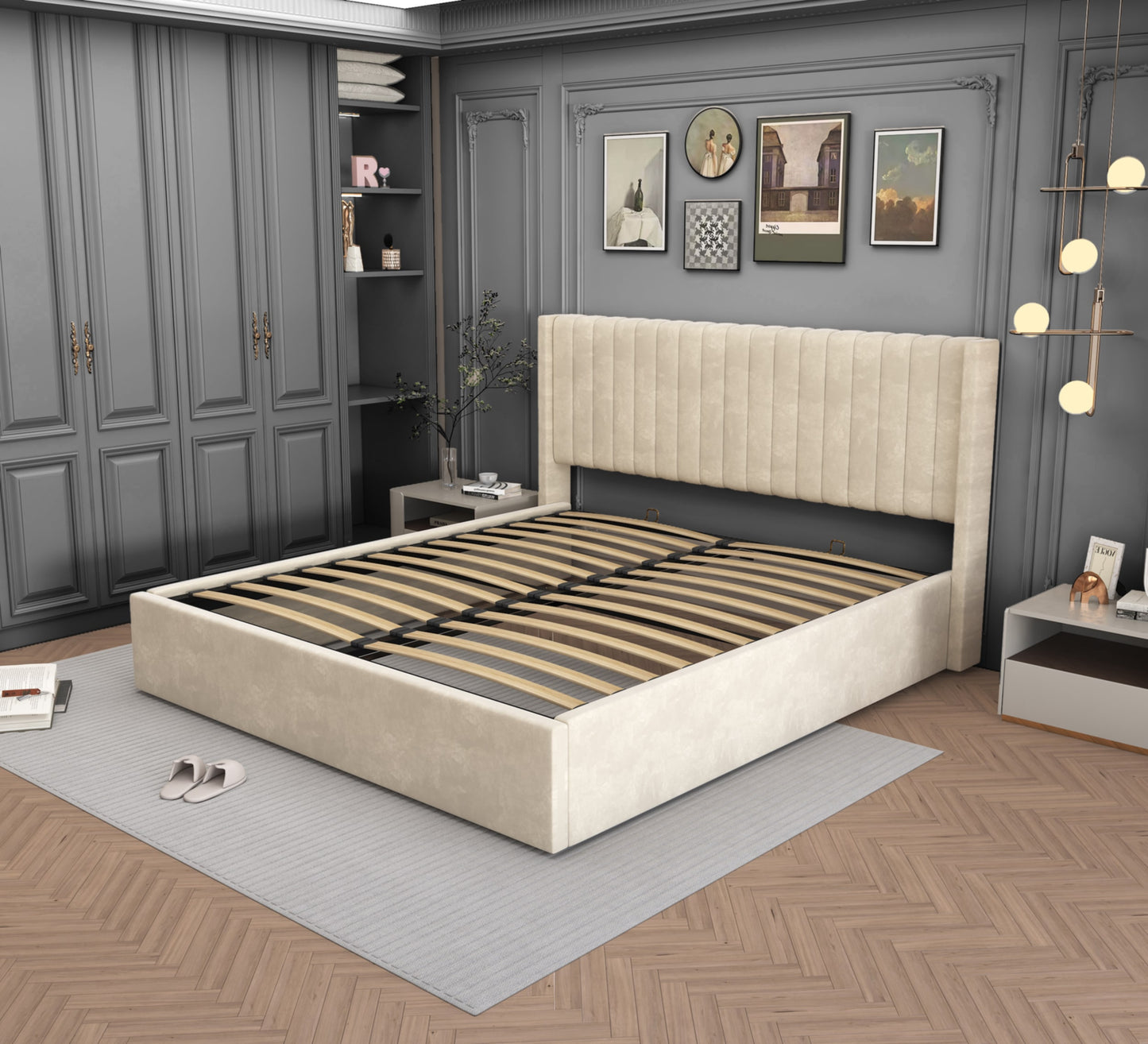 Lit double coffre Camille en velours Beige 160x200 cm – Confort et rangement pratique