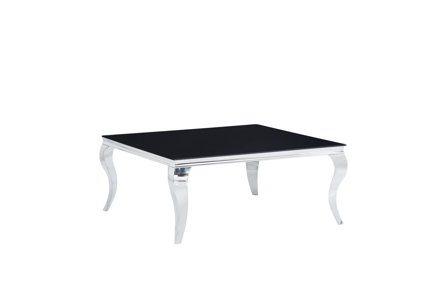 Table Basse Baroque Carrée – Pieds Chrome & Plateau Verre Noir 100x100x45 cm