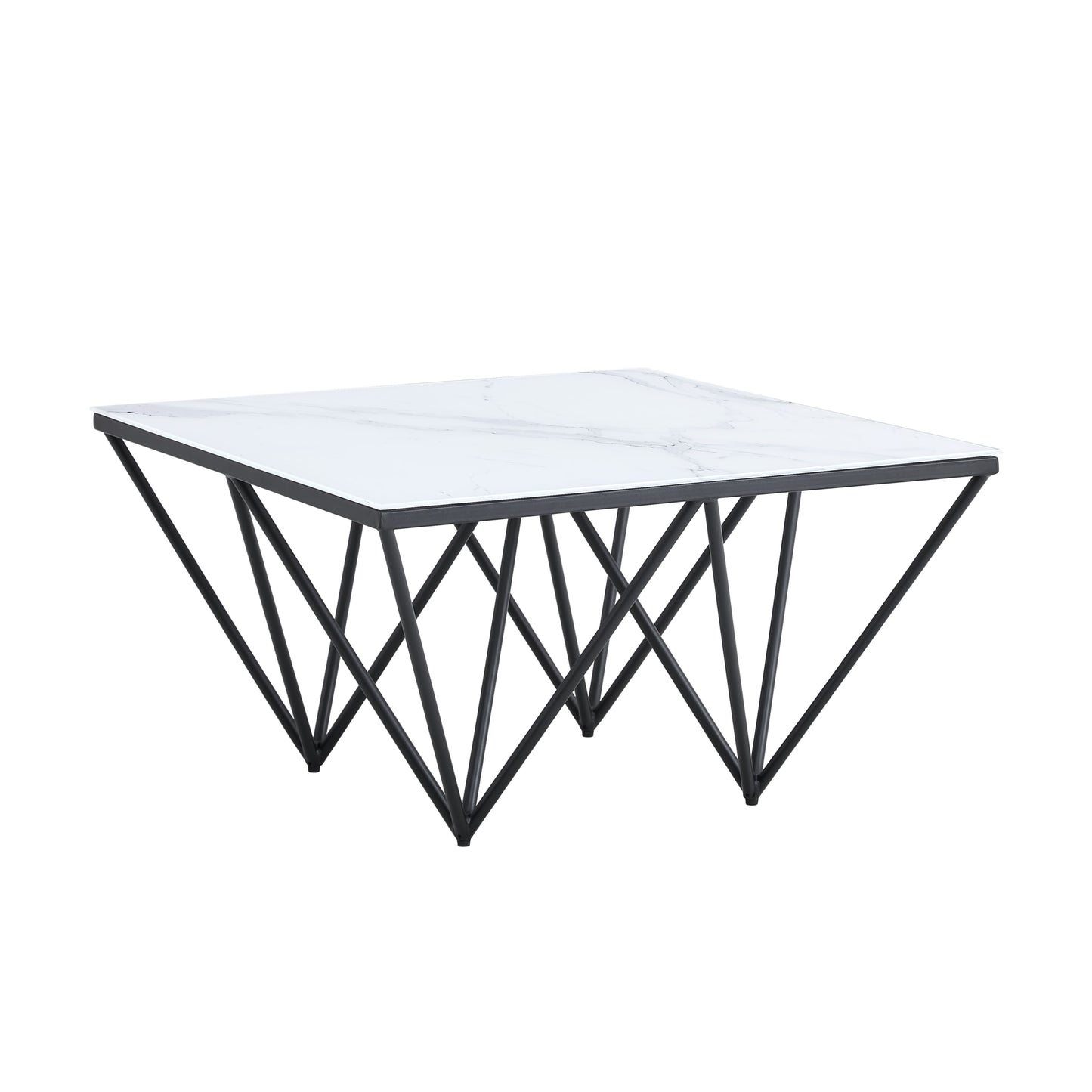 Table Basse Gizeh – Pieds Métal Noir & Plateau Verre Marbre Blanc 80x80x45 cm