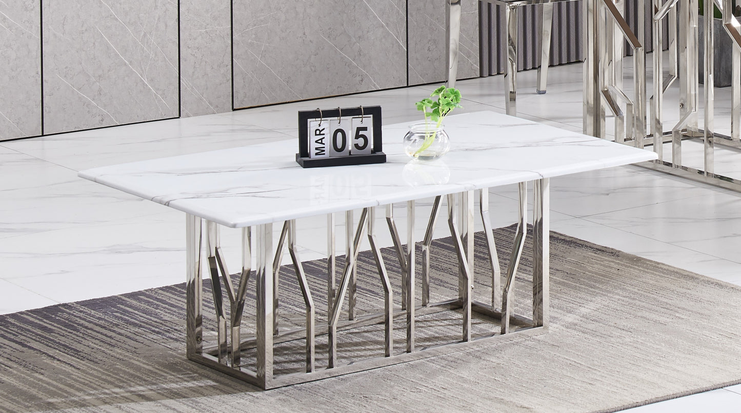 Table Basse Portofino – Métal Chrome & Plateau Marbre Blanc 120x70x45 cm
